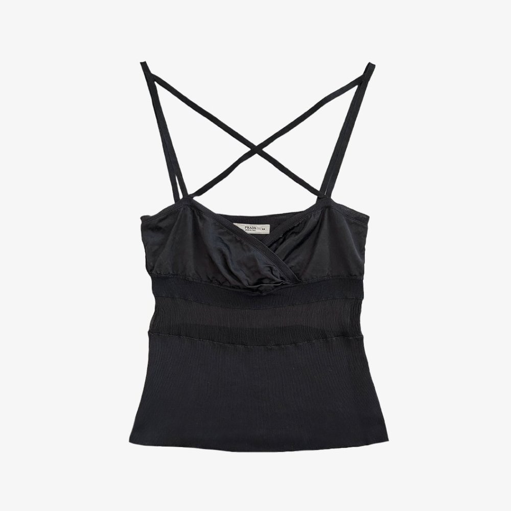Vintage Black Semi-Sheer Criss Cross Strap Top by Prada